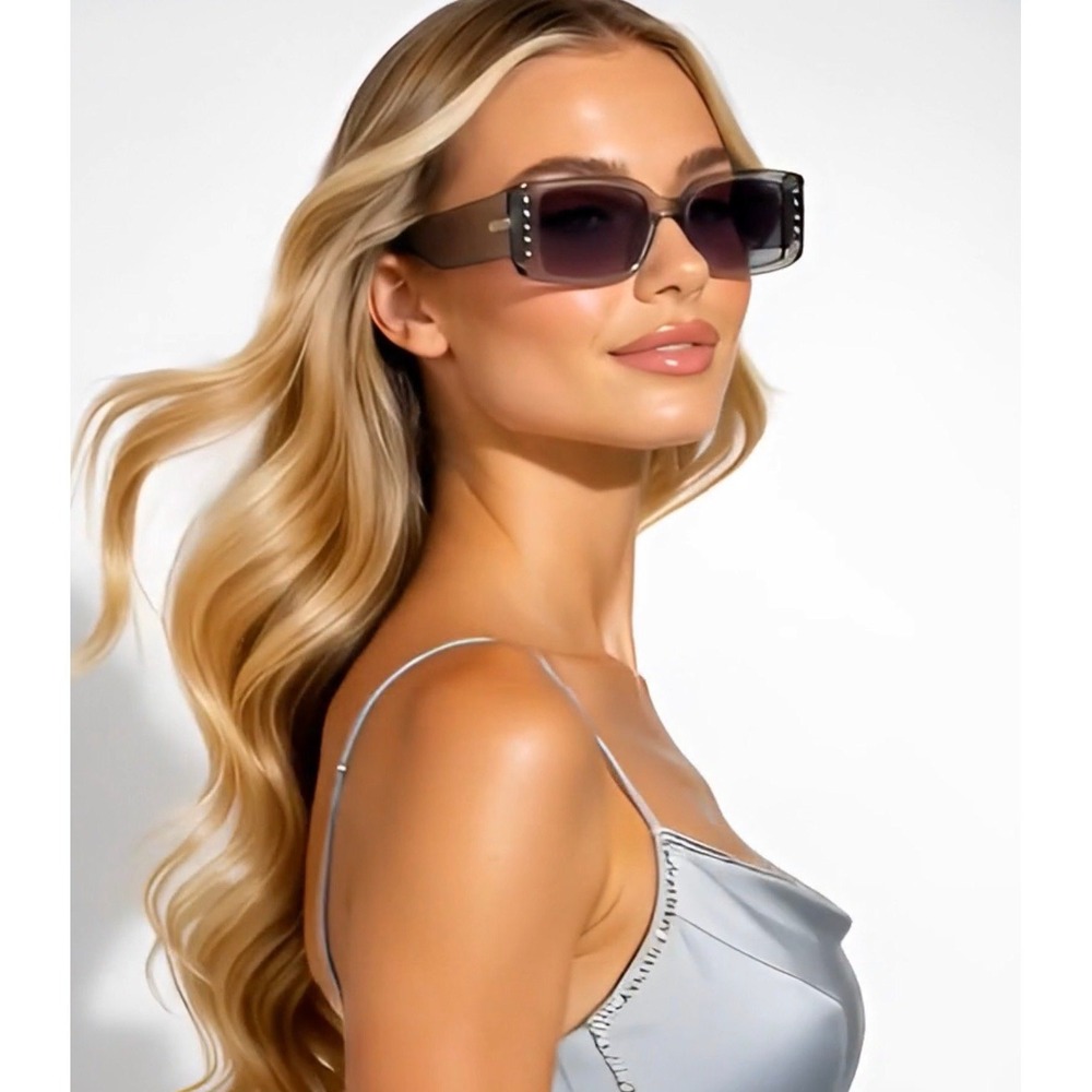 Womens Rectangular‎ Sunglasses Translucent Grey Rhinestone Gradient Lens UV400